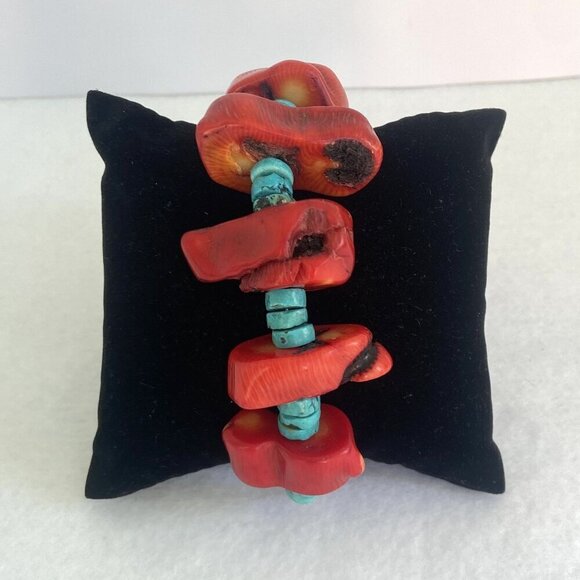 VTG Southwest Chunky Red Coral & Heishi Turquoise Beaded Bracelet Fits 7" Wrist - Picture 3 of 16